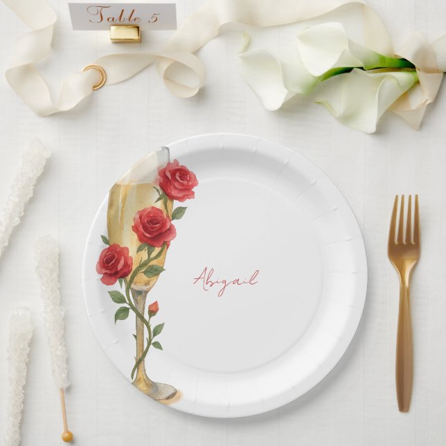 Rote Rosen für Champagner Personalisierter Name Pappteller (Hochzeit)