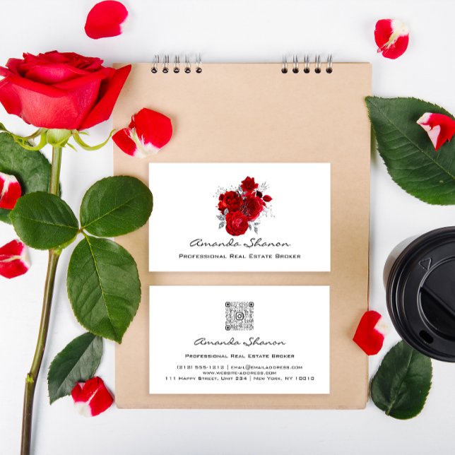Rote Rosen für Hochzeitsplaner mit weißem Logo QR  Visitenkarte (Event Wedding Planner Red Roses White Logo QR CODE Business Card)