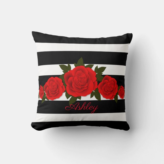 Rote Rosen für schwarze Streifen Kissen (Vorderseite)