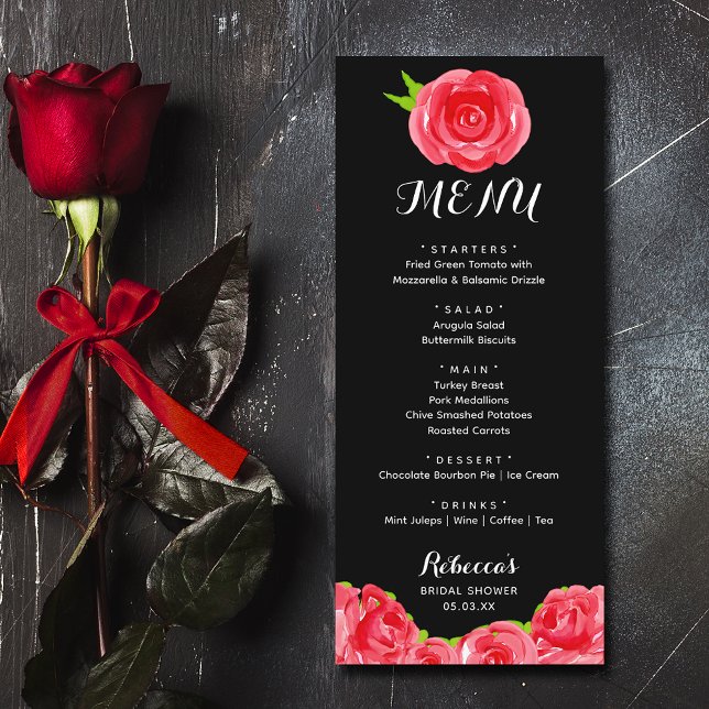 Rote Rosen für Wasserfarben Derby Brautparty Menükarte (Watercolor red roses Derby-theme bridal shower menus)