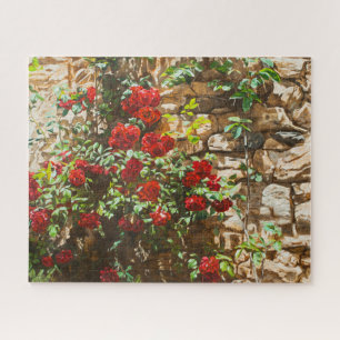 Rote Rosen gegen eine Steinmauer