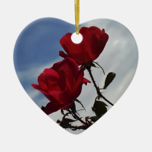 Rote Rosen gegen einen hellen blauen Himmel Keramikornament (Vorne)