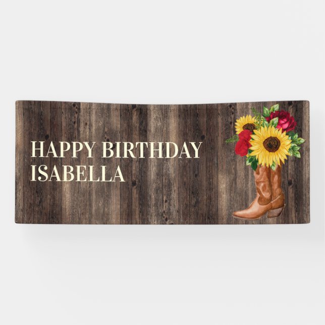Rote Rosen Gelbe Sonnenblumen Stiefel Holz Geburts Banner (Horizontal)