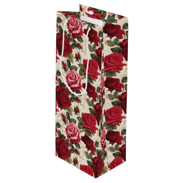 Rote Rosen Geschenktasche Geschenktüte Für Weinflaschen (Vorderseite Schrägansicht)