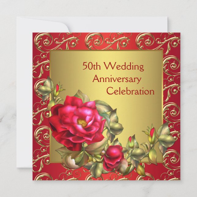 Rote Rosen Gold 50. Hochzeitstag Einladung (Vorderseite)