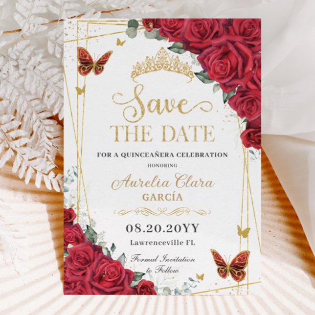 Rote Rosen Gold Butterflies Quinceanera Sweet 16 Save The Date (Von Creator hochgeladen)