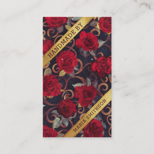 Rote Rosen Gold Damask QR-Code-Speicherkarte Visitenkarte (Vorderseite)