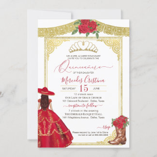 Rote Rosen Gold Eleganter Western Charro Quinceane Einladung