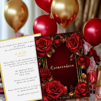 Rote Rosen Gold Frame Quinceañera Foil Einladung