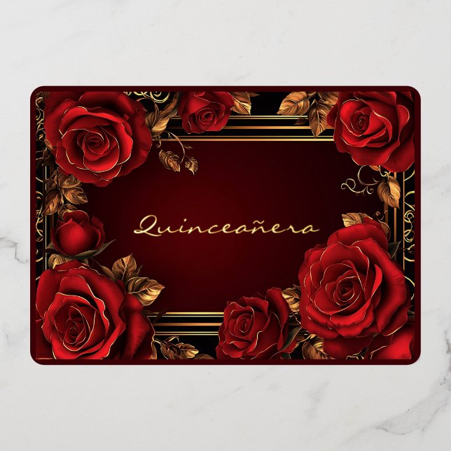 Rote Rosen Gold Frame Quinceañera Foil Einladung (Vorderseite)