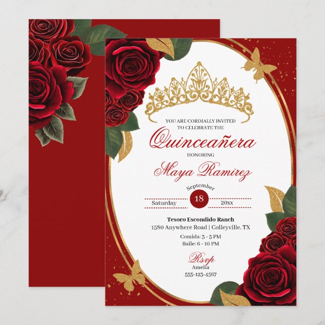 Rote Rosen Gold Glitzer Butterfly Quinceañera Einladung (Vorne/Hinten)
