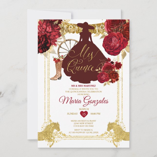 Rote Rosen Gold Mis Quince 15 Anos Quinceañera Einladung (Vorderseite)