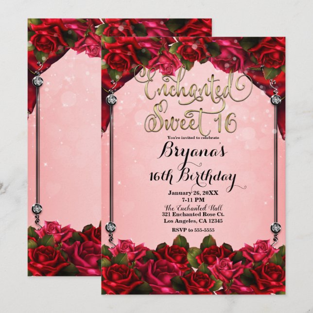 Rote Rosen Gold & Pink Sweet 16 16. Party Einladung (Vorne/Hinten)
