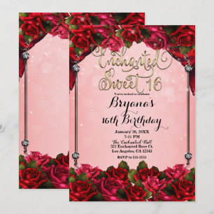 Rote Rosen Gold & Pink Sweet 16 16. Party Einladung