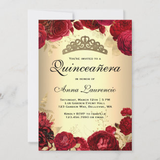 Rote Rosen Gold Quinceanera Einladung