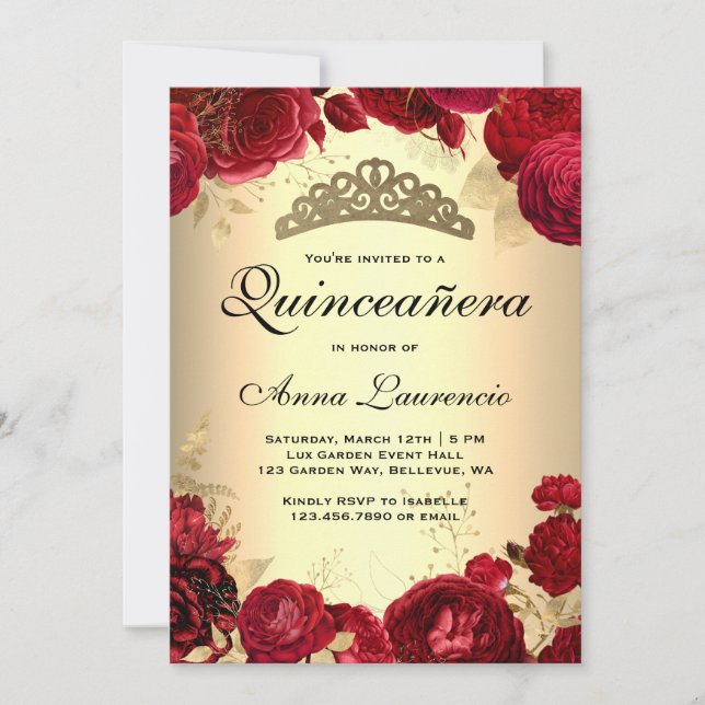 Rote Rosen Gold Quinceanera Einladung (Vorderseite)