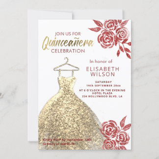 Rote Rosen Gold-Sequenzen kleiden Quinceañera Einladung