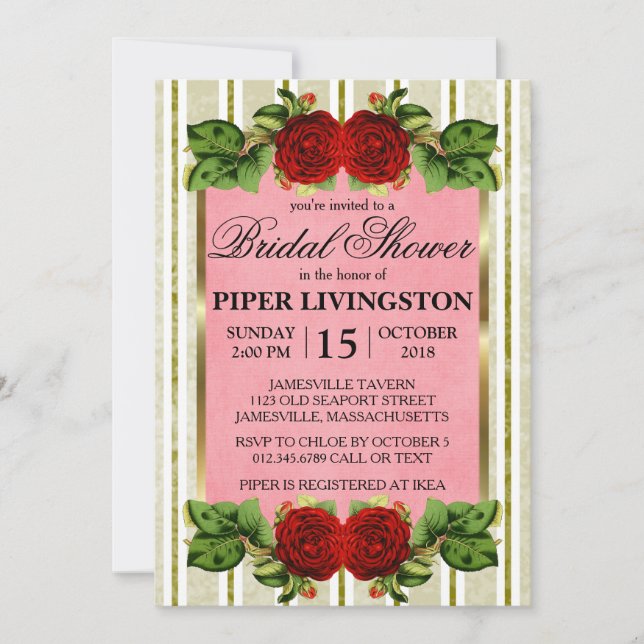 Rote Rosen Gold Streifen Bridal Dusche Einladungen (Vorderseite)