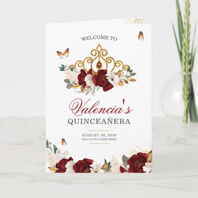 Rote Rosen Gold Tiara Butterfly Quinceanera Programm (Vorderseite)