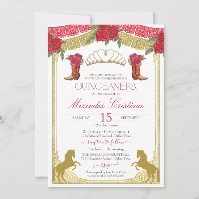 Rote Rosen Gold Western Charro Quinceañera Einladung (Vorderseite)