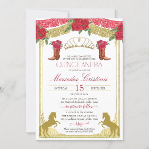 Rote Rosen Gold Western Charro Quinceañera Einladung