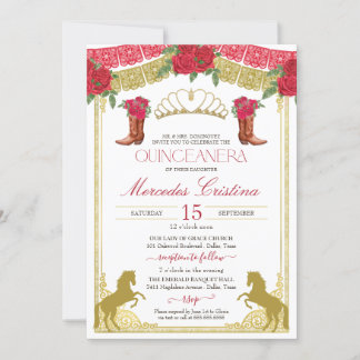 Rote Rosen Gold Western Charro Quinceañera Einladung
