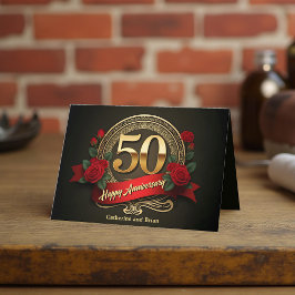 Rote Rosen & Gold Zahlen 50 Jahre Hochzeit Karte