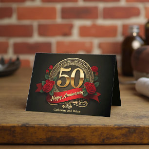 Rote Rosen & Gold Zahlen 50 Jahre Hochzeit Karte