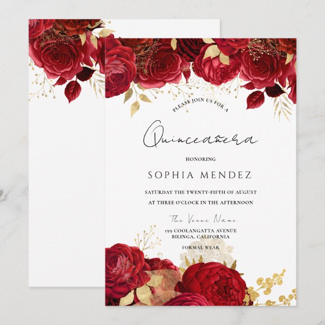Rote Rosen Goldblatt Quinceanera Party Einladung (Vorne/Hinten)