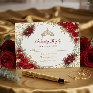 Rote Rosen goldene Schmetterlinge Quinceañera RSVP Karte