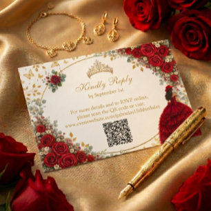 Rote Rosen goldene Schmetterlinge Quinceañera RSVP Karte