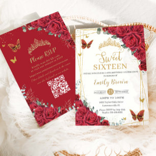 Rote Rosen Goldene Schmetterlinge Sweet Sixteen QR Einladung