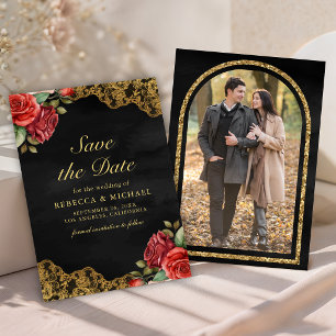 Rote Rosen Goldene Stickerei Schwarzes Foto Hochze Save The Date