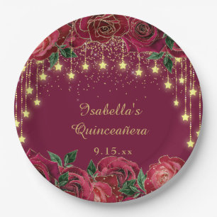 Rote Rosen Goldstern Lichterkette Sterne Quinceañe Pappteller