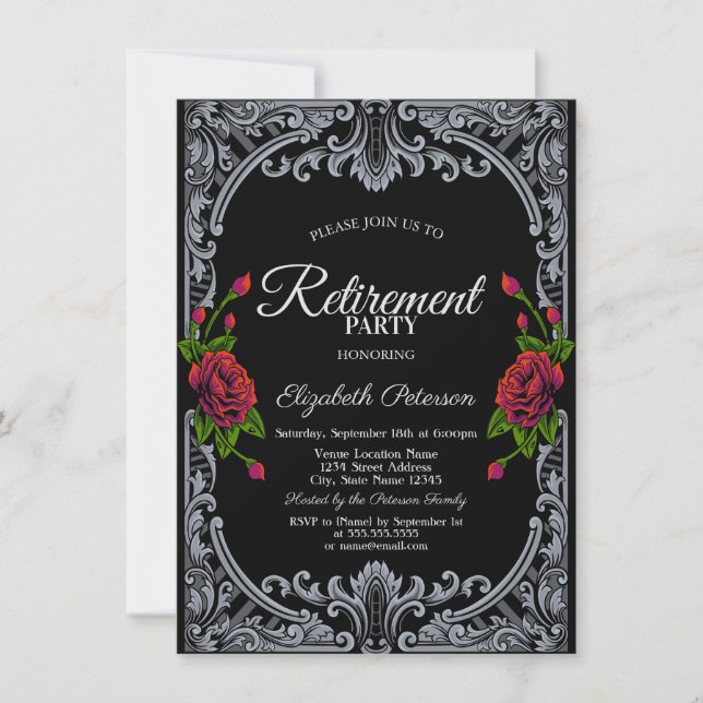 Rote Rosen Gothic Black Stripes Retirement Party Einladung (Vorderseite)