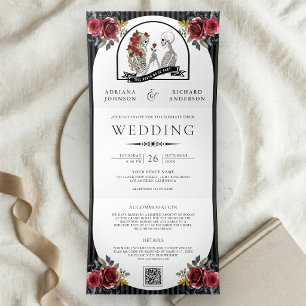 Rote Rosen Gothic Skelett Paar QR-Code Hochzeit Dreifach Gefaltete Einladung