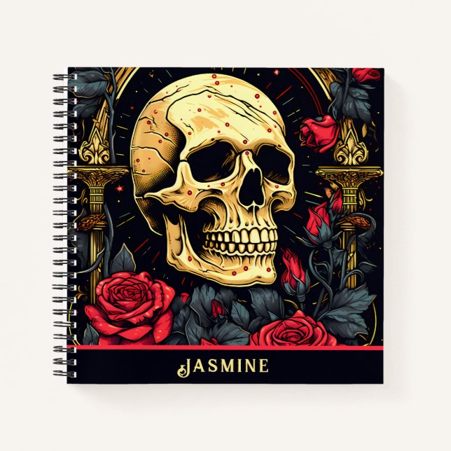 Rote Rosen Gothic Skull Halloween Notizbuch (Vorderseite)