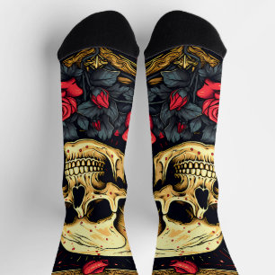 Rote Rosen Gothic Skull Halloween Socken