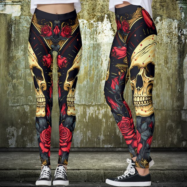 Rote Rosen Gothic Skull Halloween Yoga Leggings (Tattoo Skull and Roses Yoga Leggings Set the Mood for Halloween or any time of year.)
