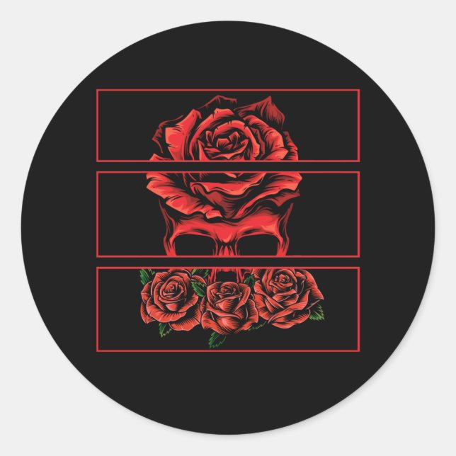 Rote Rosen Gothic Skull Wicca Goth Blume Runder Aufkleber (Vorderseite)