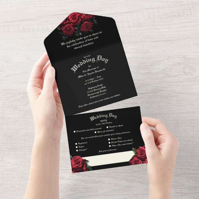 Rote Rosen Gothic Wedding All In One Einladung (Abreißen)