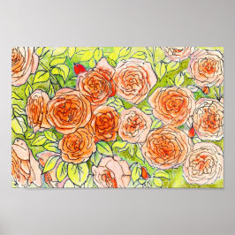 Rote Rosen, Grüne Blätter Rose Garten Blumenskizze Poster