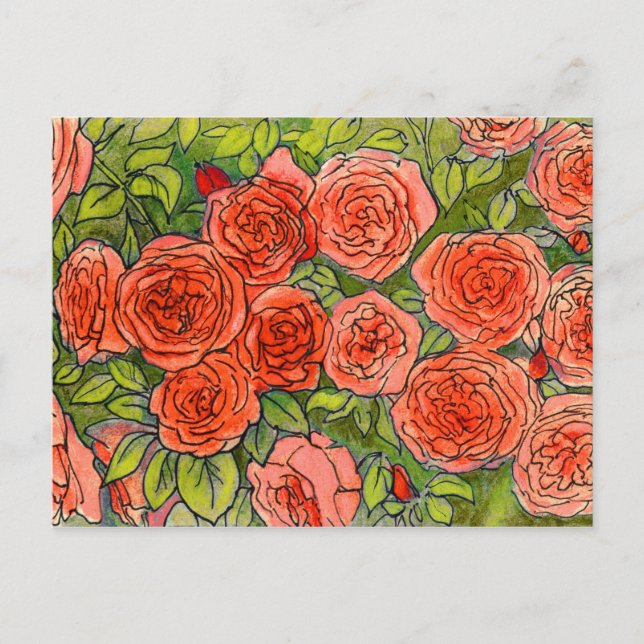 Rote Rosen, Grüne Blätter Rose Garten Blumenskizze Postkarte (Vorderseite)