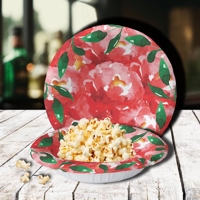 Rote Rosen Grüne Blumenpapierschüsseln Pappteller (Red roses and greenery floral black rimmed paper bowls)