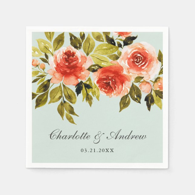 Rote Rosen Grüne Hochzeit mit Aquarellmalerei Serviette (Vorderseite)