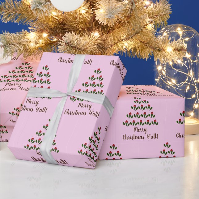 Rote Rosen Grüner Weihnachtsbaum & Wish, rosa Geschenkpapier (Feiertage)