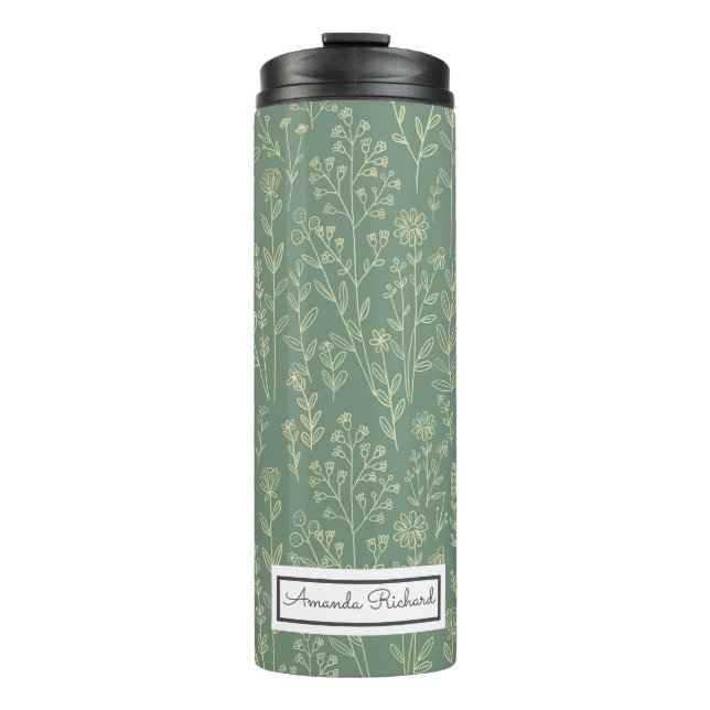 Rote Rosen Grüner Whimsischer Muster Thermal Tumbl Thermosbecher (Vorderseite)