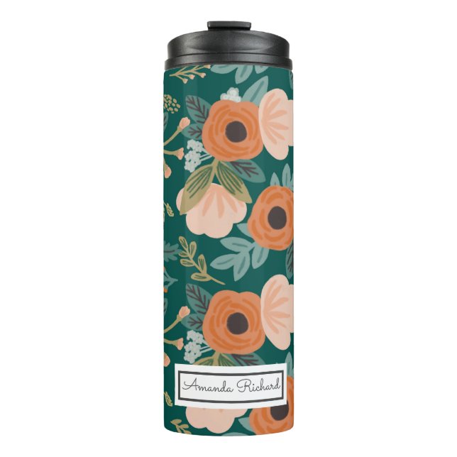 Rote Rosen Grüner Whimsischer Muster Thermal Tumbl Thermosbecher (Vorderseite)
