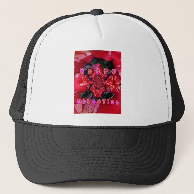 Rote Rosen "Happy Valentine" Kunst, Dichtung und M Truckerkappe (Vorderseite)