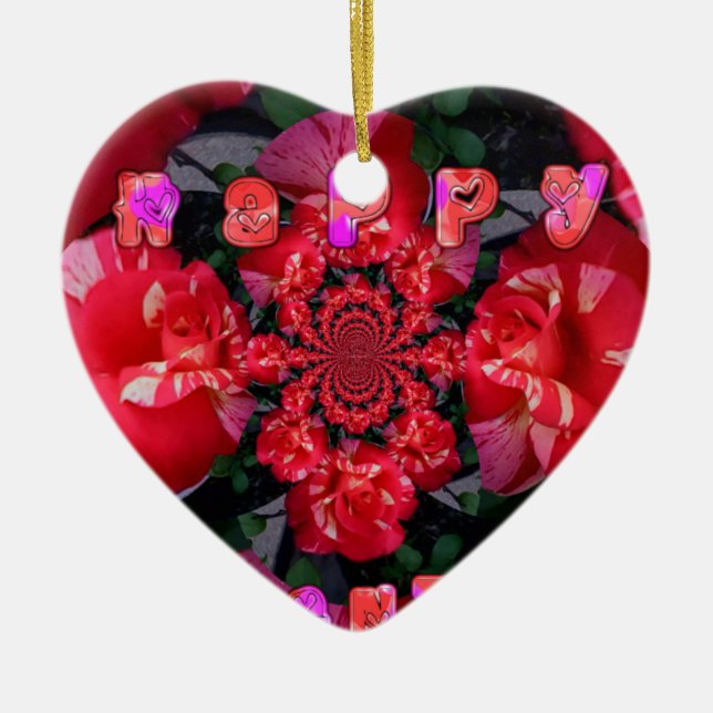 Rote Rosen "Happy Valentine" Kunstdrucken Keramik Ornament (Vorne)